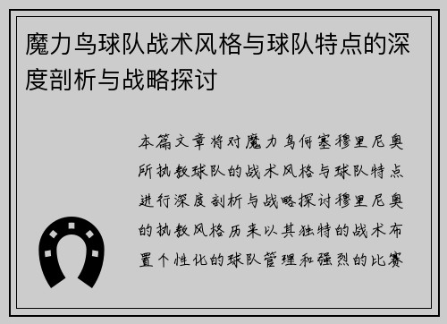 魔力鸟球队战术风格与球队特点的深度剖析与战略探讨 魔力鸟球队战术风格与球队特点的深度剖析与战略探讨